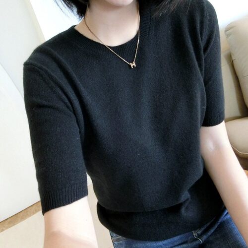 气质爆棚春季五分半袖女羊绒短袖