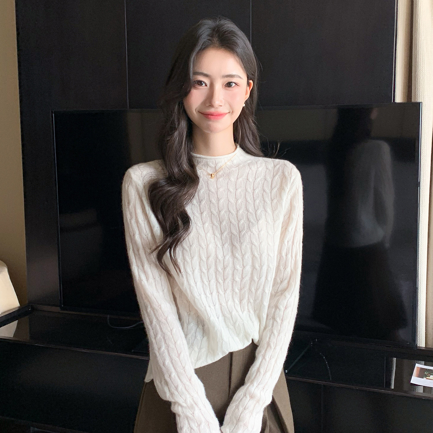 小气质~秋冬新款针织羊绒衫女士半高领长袖提花麻花打底衫羊毛衫