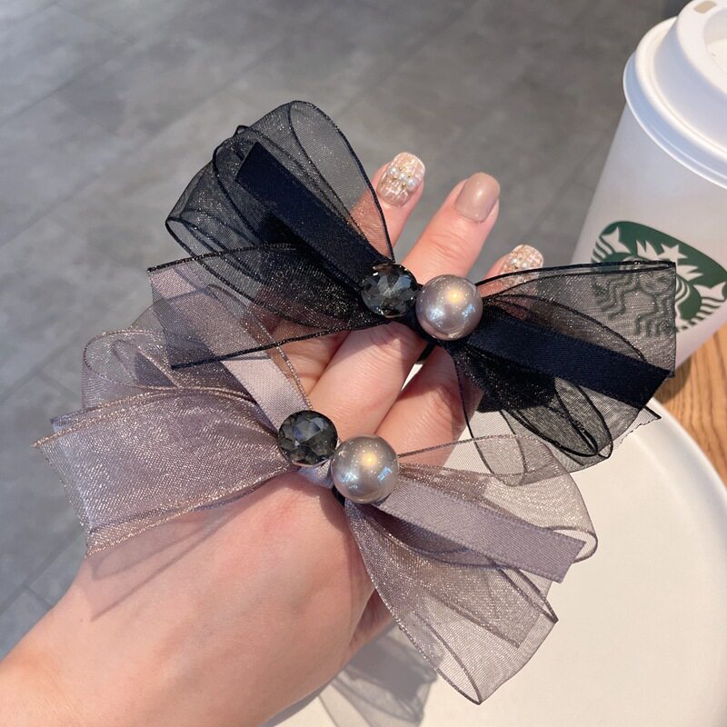 高级感小绢纱蝴蝶结珍珠发圈发绳马尾扎头绳橡皮筋女发饰头饰