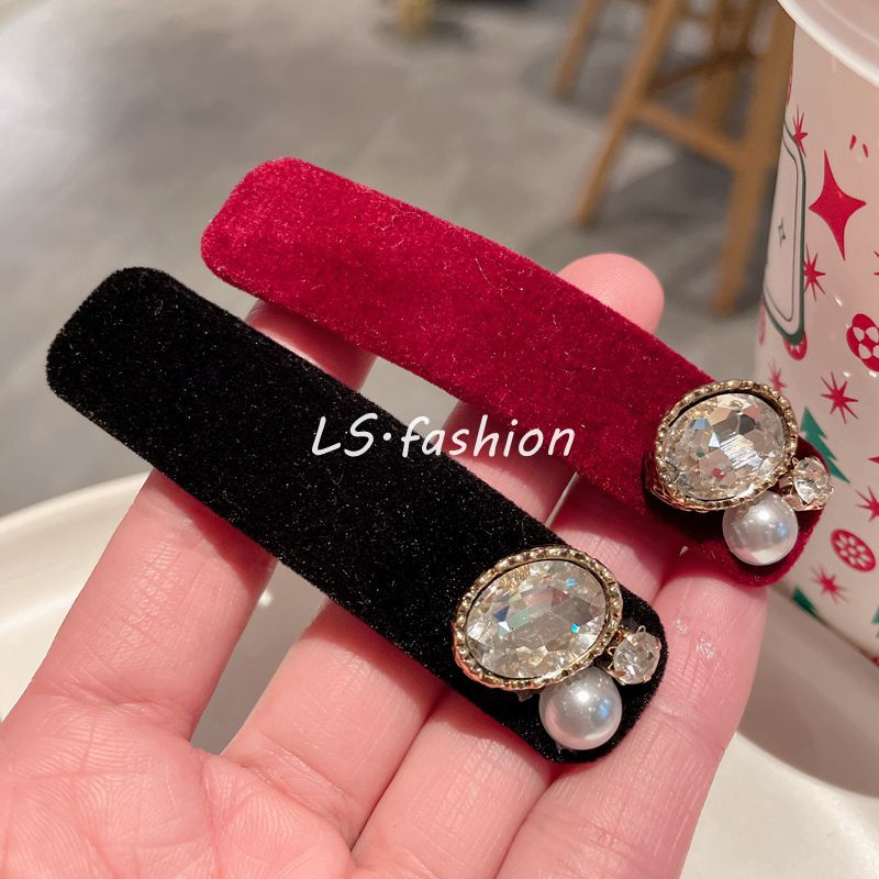 秋冬植绒发夹闪闪水钻珍珠一字夹法式复古刘海夹后脑勺碎发夹bb夹