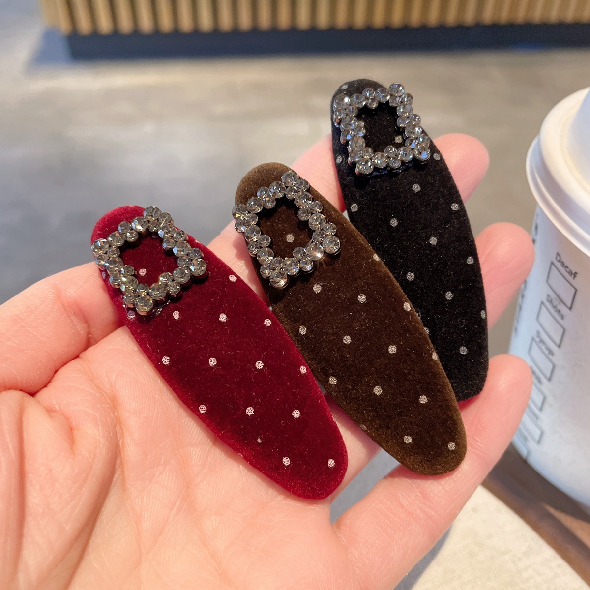 复古百搭丝绒波点方形水钻发夹女前额侧边发卡刘海夹碎发边夹发饰