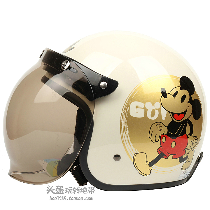 台湾EVO复古金米奇白色哈雷电动摩托车头盔男女防紫外线保暖冬季