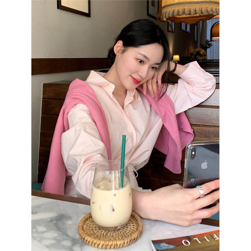 浅粉色衬衫女长袖春夏装新款韩系大码设计感小众款温柔风上衣