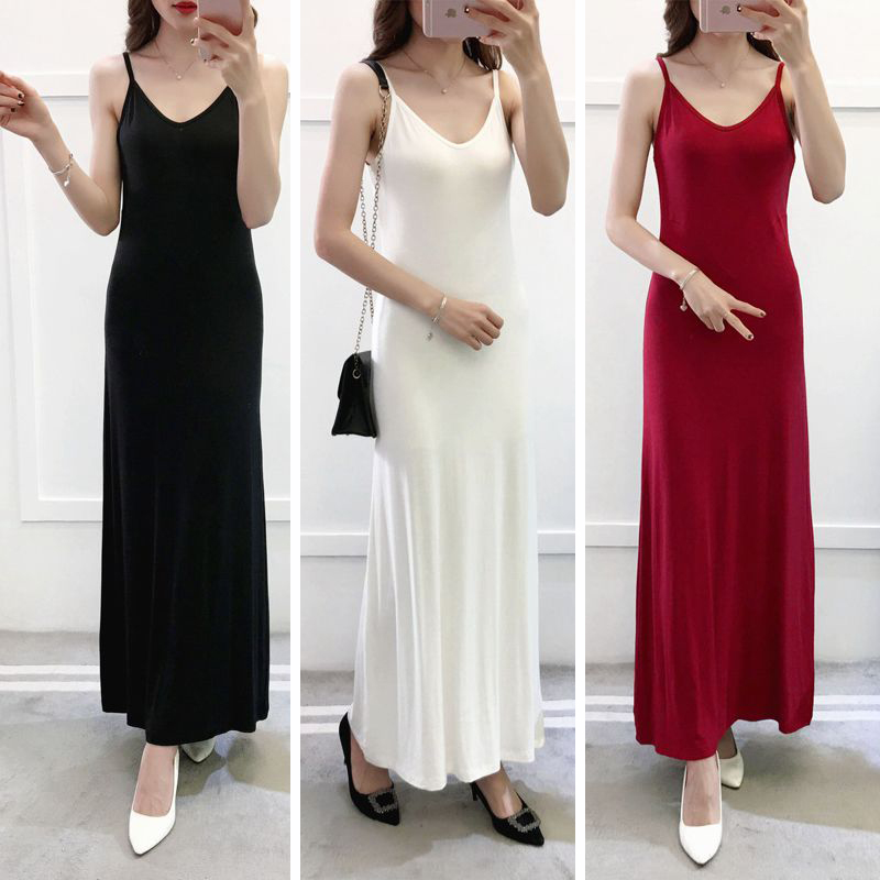 連衣裙女V領莫代爾大擺修身內搭襯裙加長款吊帶打底裙無袖長裙夏