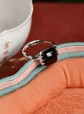 国风黑玛瑙纯银竹节戒指