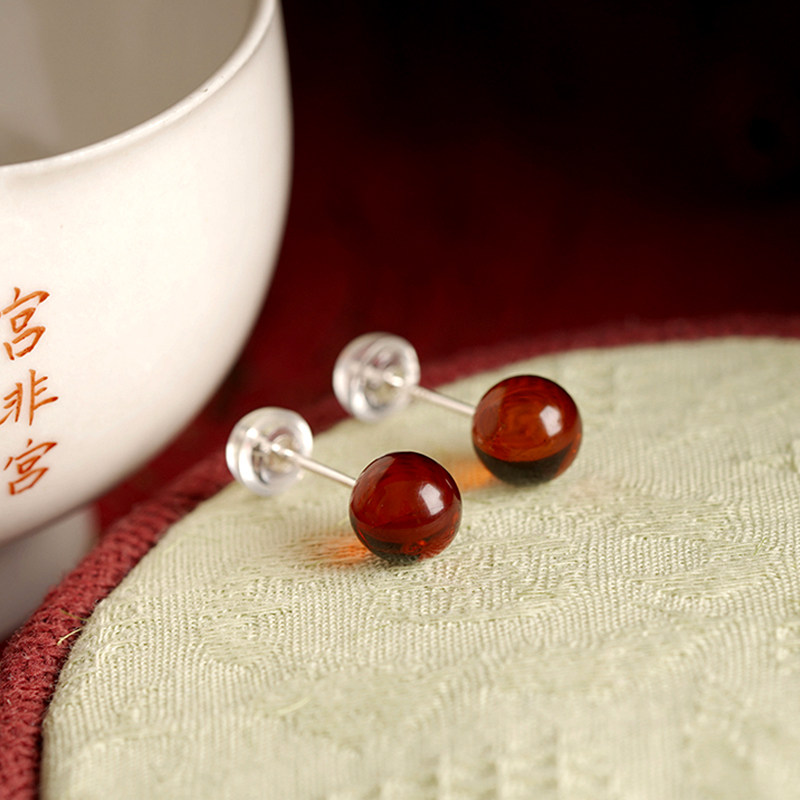 「梦幽」墨西哥天然血珀耳钉女纯银琥珀小圆珠耳饰轻奢高级感7mm