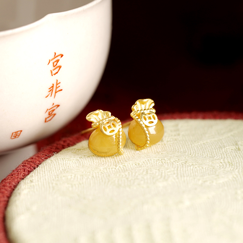 「福多多」天然蜜蜡福袋耳钉女纯银包18k金古风新中式高级感耳饰