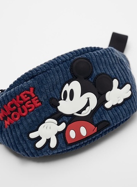 Z家新款童包卡通图案腰包男女童蓝色灯芯绒休闲胸包斜跨单肩包