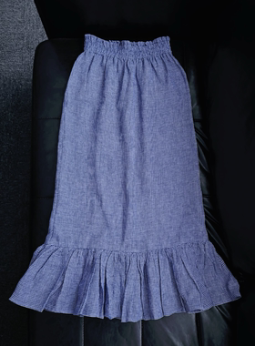 the studio s 春夏新款蓝色亚麻格子半身裙女松紧腰中长款蛋糕裙