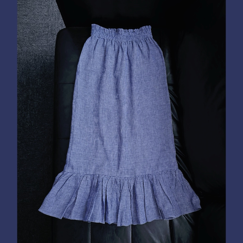 the studio s 春夏新款蓝色亚麻格子半身裙女松紧腰中长款蛋糕裙