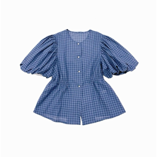 the studio s 蓝格子泡泡袖衬衫女手腕设计感小众上衣