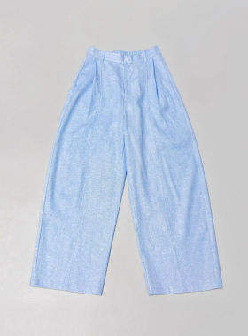 春夏新品蓝色炒色汉麻套装女宽松休闲阔腿裤九分松紧腰