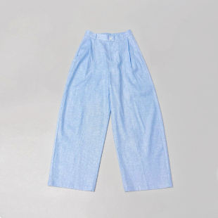 春夏新品蓝色炒色汉麻套装女宽松休闲阔腿裤九分松紧腰