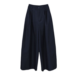 压褶弯刀休闲裤 the 厚精纺羊毛藏青色斜纹高腰阔腿裤 studio