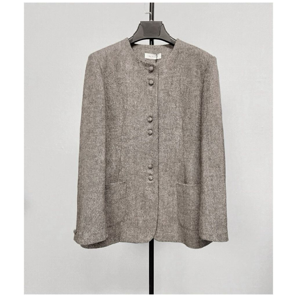 春季新款意大利进口粗花羊毛西装绿色系小众洋气圆领排扣短西装