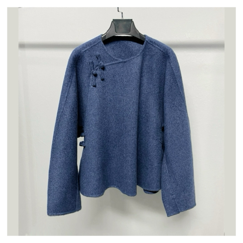 复古蓝色改良版新中式宽松休闲版双面羊绒短款大衣