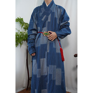 惜物国风 圆领打褶袍 明制汉服牛仔格子补丁百衲服明初交领长衫