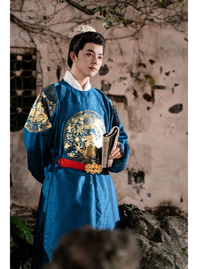 惜物国风 明制传统汉服云纹暗花纱织金四团龙明初圆领窄袖打褶袍