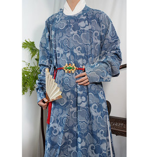 惜物国风 圆领袍日常秋冬 明制汉服牛仔提花云纹明初交领打褶长衫
