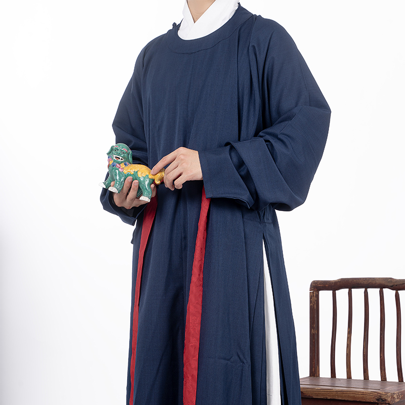 惜物国风 明初风格传统服饰仿棉麻素色窄袖日常圆领打褶袍