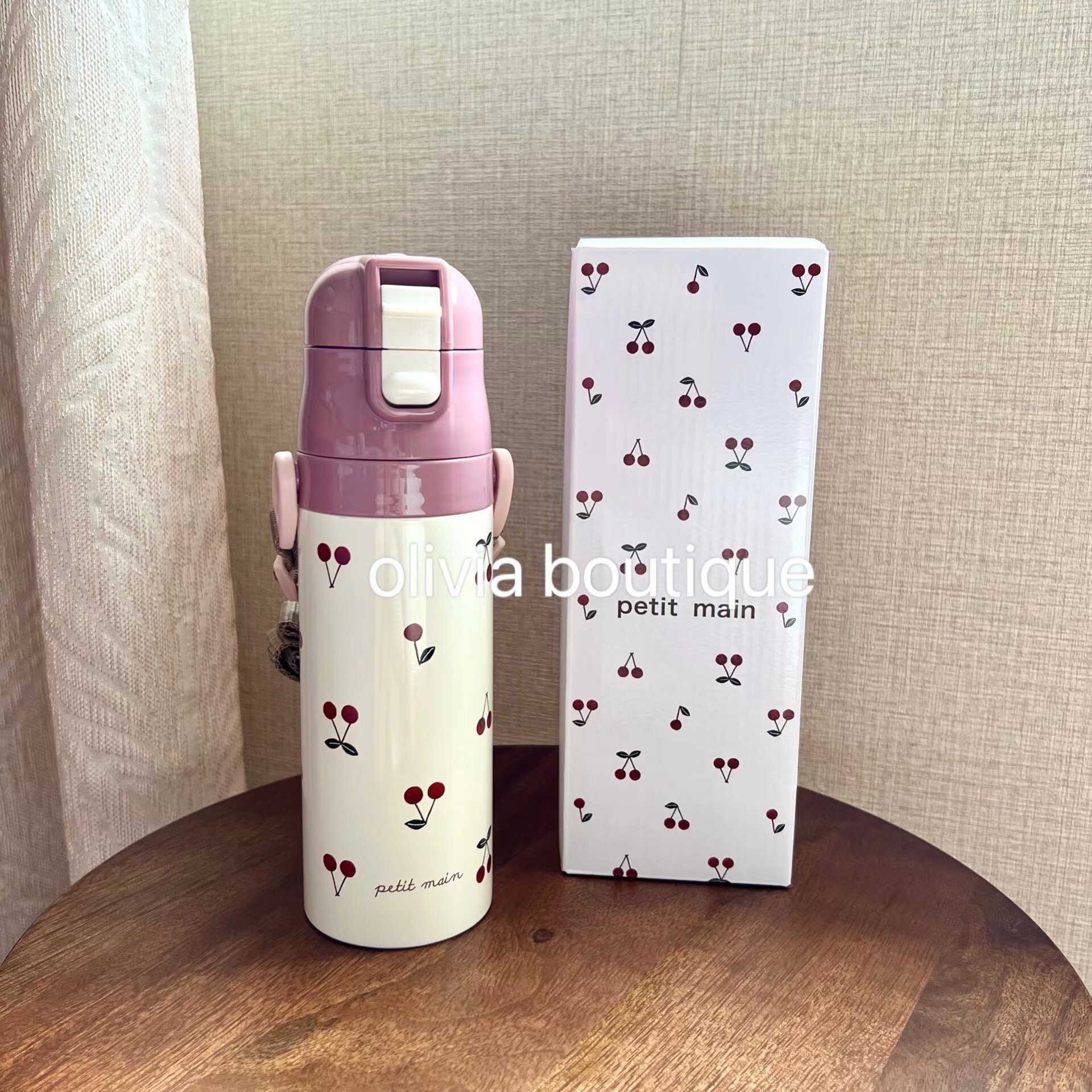 日本本土限定petit main樱桃小汽车满印不锈钢保温杯有肩带