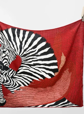 丛林斑马 桑蚕丝羊毛秋冬安可拉红色双面丝毛马年丝巾85cm