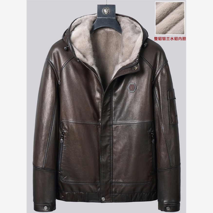 【专柜正品】貂皮外套男士真皮羽绒服鹅绒整貂水貂内胆短款连帽皮