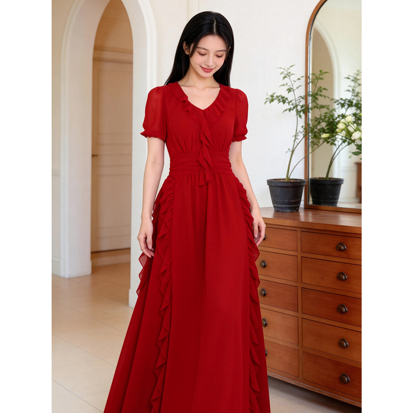 红唇｜春夏法式复古玫瑰刺绣荷叶红色大摆仙气雪纺轻婚纱连衣裙