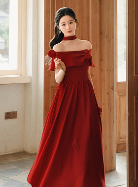 花序｜何衣见友红色玫瑰针织连衣裙气质大码港风日常敬酒订婚礼服