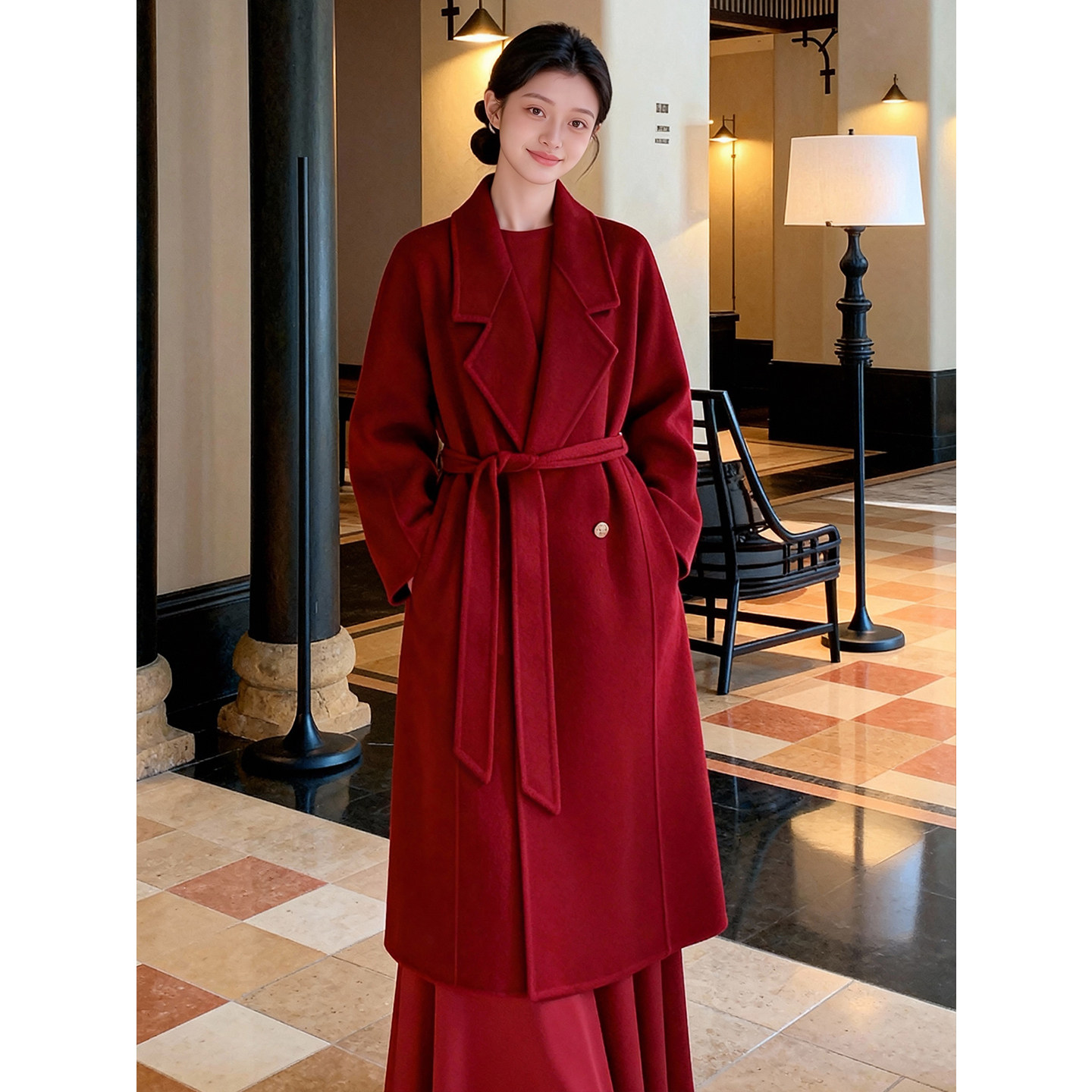 温酒｜圣诞新年氛围感气质红色双面羊毛大衣长款春节小个子外套