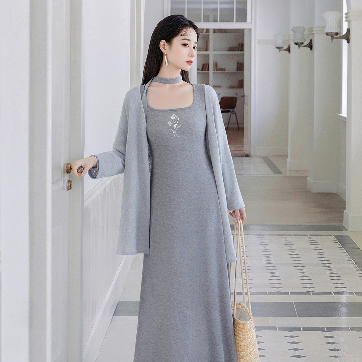 冷蝶｜新中式刺绣灰色针织套装长袖连衣裙开衫披肩港风温柔高级感,女装/女士精品,连衣裙,淘宝优惠券,粉丝福利购,淘宝优惠卷