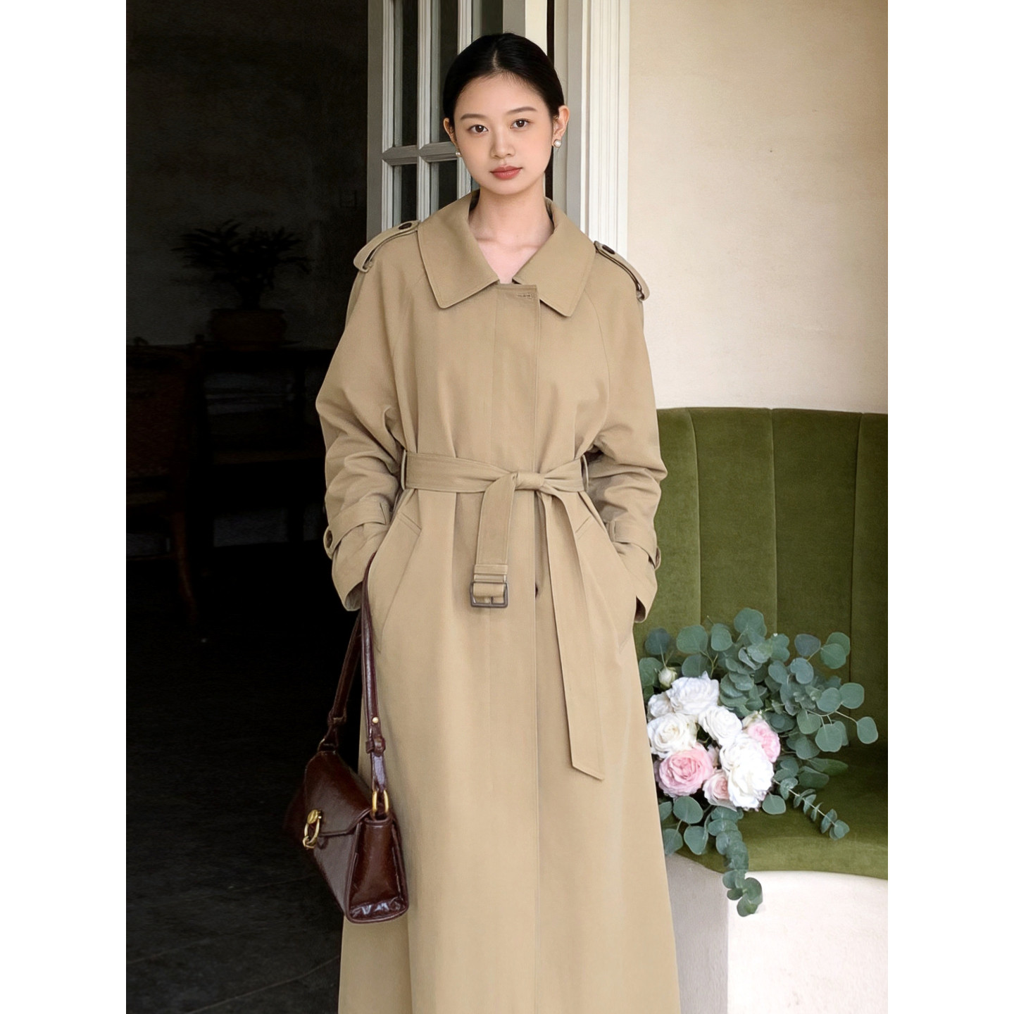 【新品折扣】秋冬复古风衣长款女宽松显瘦单排扣卡其外套女