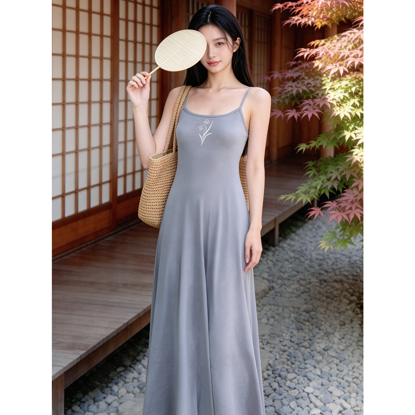 新冷蝶｜原创蝴蝶刺绣针织连衣裙新中式弹力紫灰通勤胸垫长款吊带