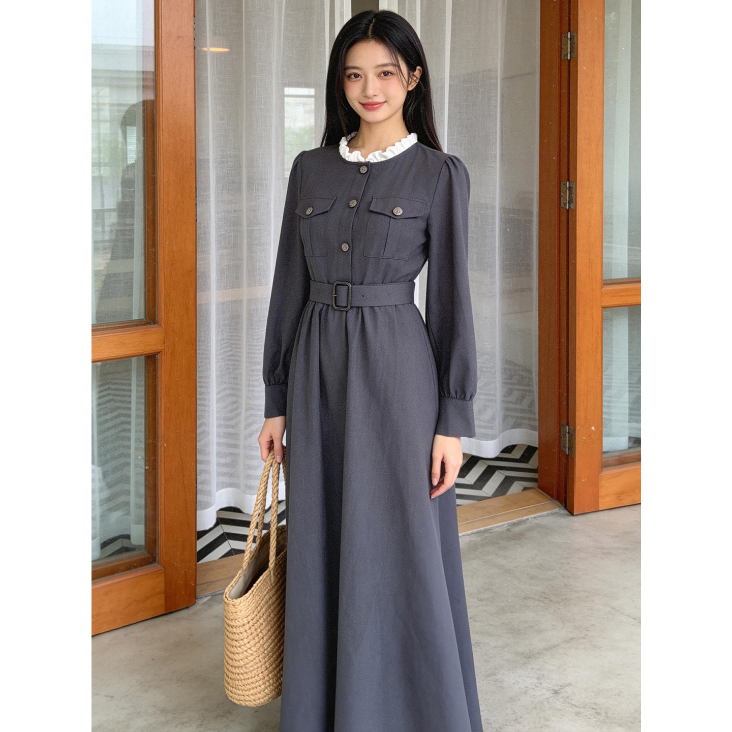 碧落｜早春法式连衣裙气质高智感复古正式通勤长袖纽扣灰色西装裙