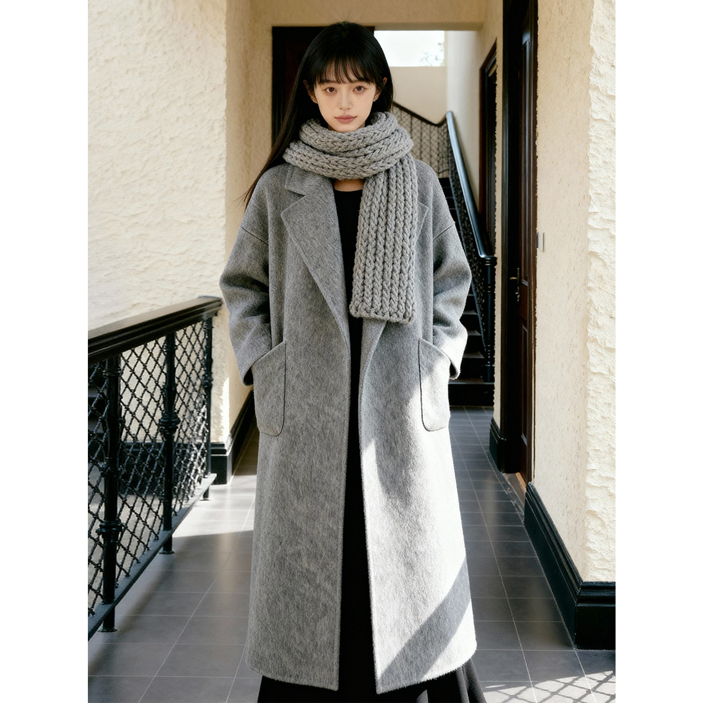 既白｜秋冬高级感复古宽松浅灰色双面羊毛大衣手缝气质长款呢外套