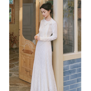 晚絮｜秋冬法式 绒毛加厚蕾丝连衣裙仙气大衣打底内搭蝴蝶结鱼尾裙