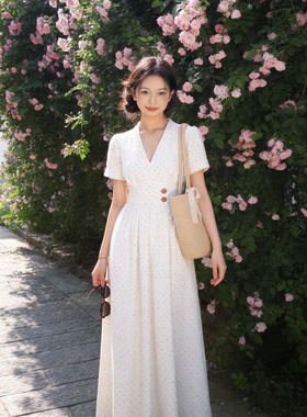樱桃｜春夏法式少女红点印花白色棉通勤交领设计感通勤短袖连衣裙