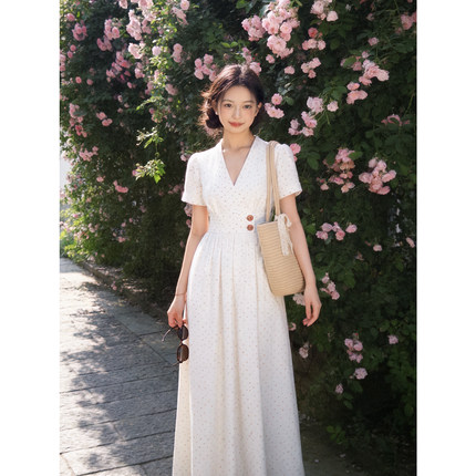 樱桃｜春夏法式少女红点印花白色棉通勤交领设计感通勤短袖连衣裙