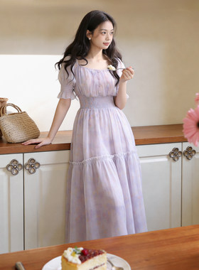 春夏法式油画印花紫色茶歇裙