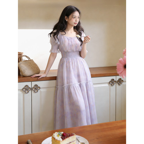春夏法式油画印花紫色茶歇裙