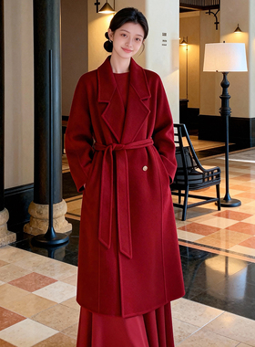 温酒｜圣诞新年氛围感气质红色双面羊毛大衣长款春节小个子外套