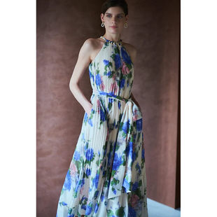 度假风夏季新款挂脖雪纺风琴褶皱印花连衣裙无袖露肩优雅茶歇裙