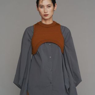 tops单排扣宽松衬衣上衣 日系高级设计感 W三角褶皱长袖 衬衫