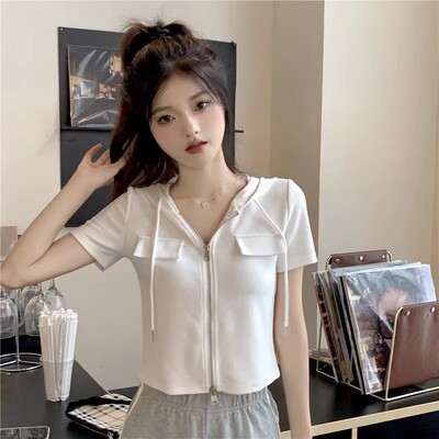 冰丝设计感连帽短袖t恤女夏季韩系修身显瘦遮肚短款甜辣上衣ins潮