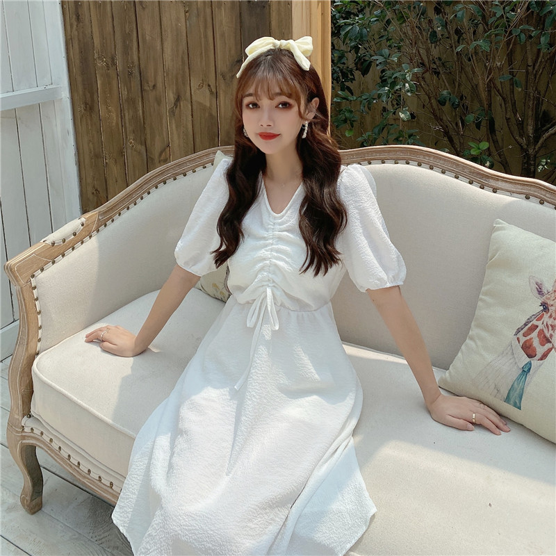 Real photo real price 2020 summer new drawstring pleated V-neck slim dress