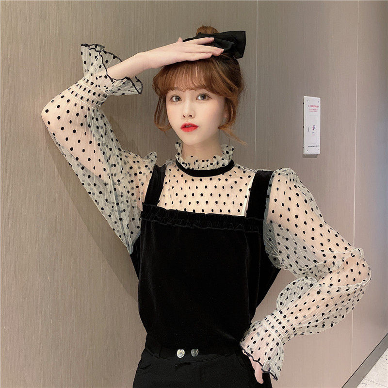 Real price 2021 spring new Korean retro wave point lace collar splicing velvet versatile shirt