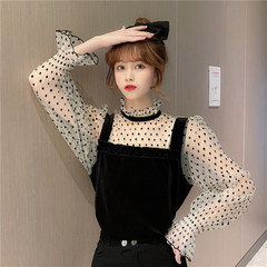 Real price 2021 spring new Korean retro wave point lace collar splicing velvet versatile shirt