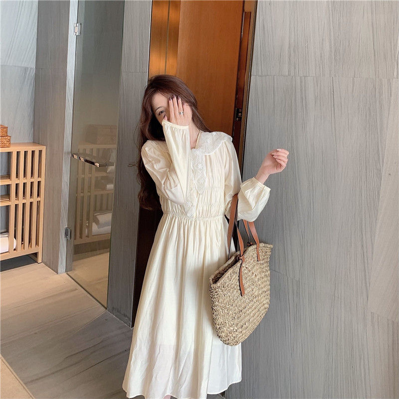 Real price 2021 spring new age reducing pleated long sleeve loose and thin dress with collar flower