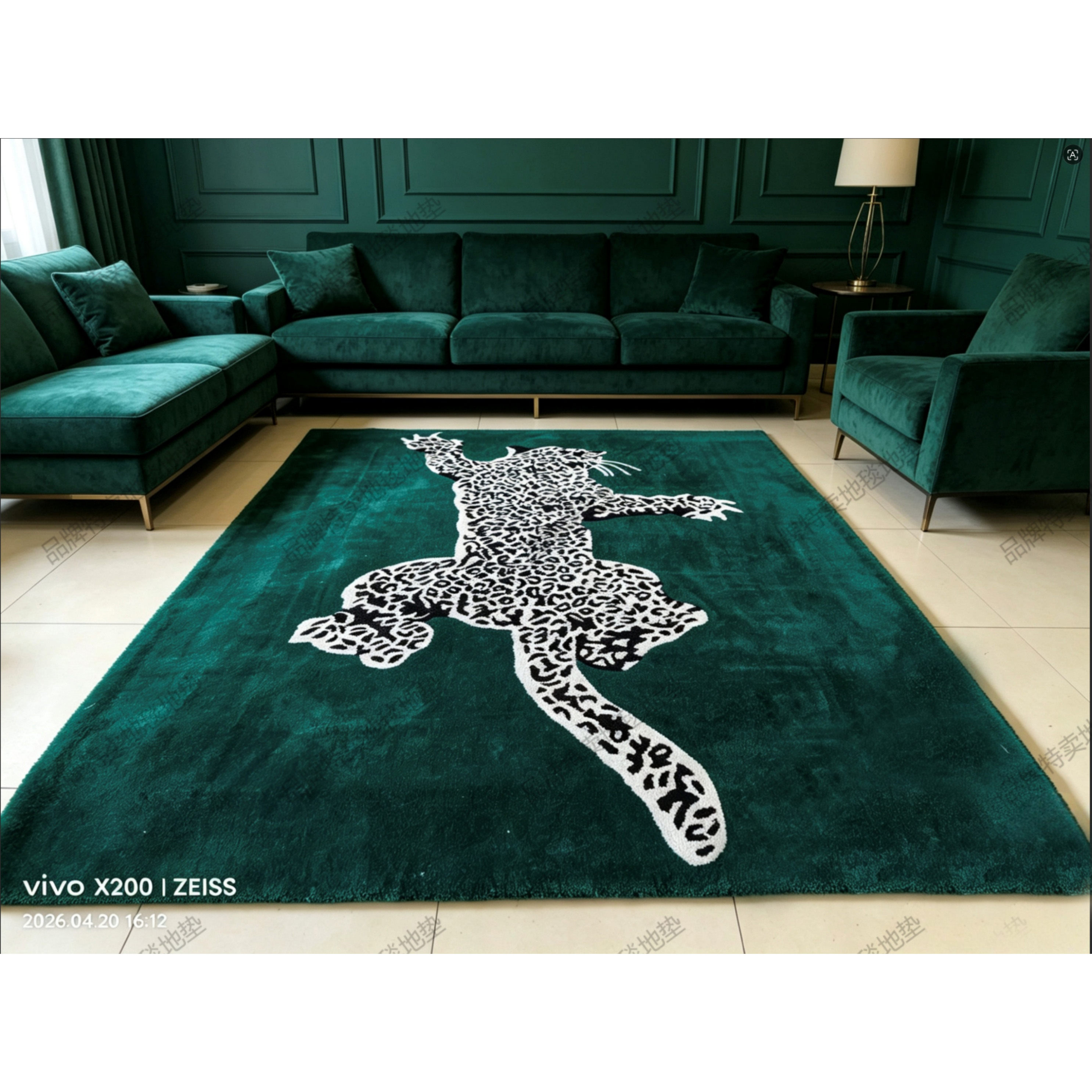 绿色豹子地毯轻奢高级ing风个性客厅沙发茶几毯加厚防滑手工地毯