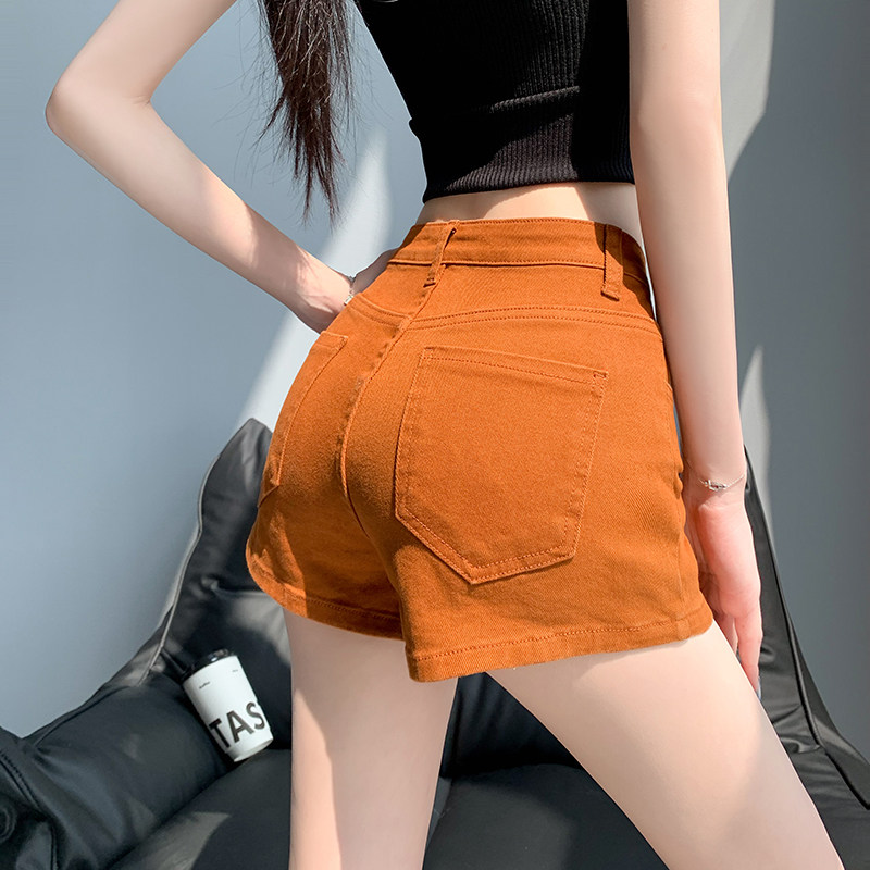 焦糖色紧身牛仔短裤女夏高腰小个子性感辣妹弹力显瘦a字包臀热裤